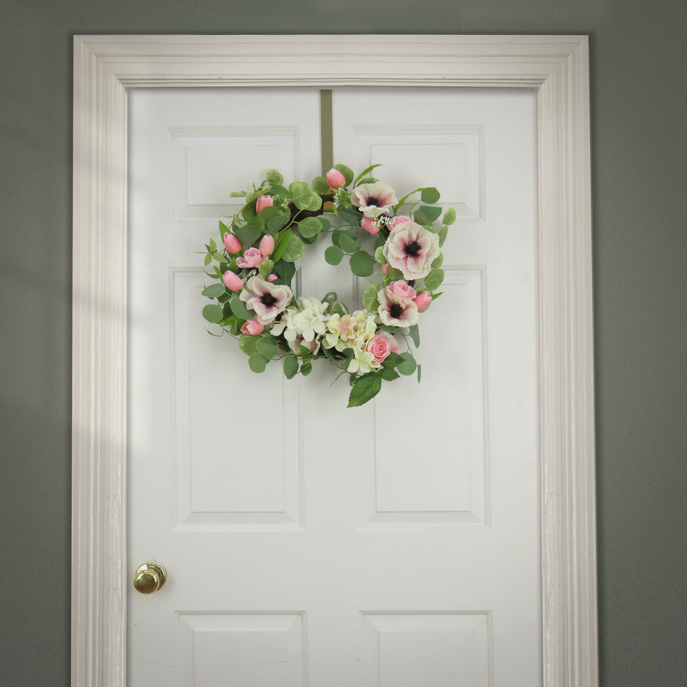 22 in. Spring Wreath with Hollyhock, Hydrangea, Tulip & Eucalyptus - National Tree Company