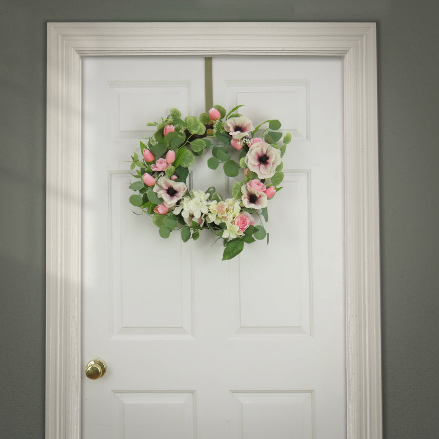 22 in. Spring Wreath with Hollyhock, Hydrangea, Tulip & Eucalyptus