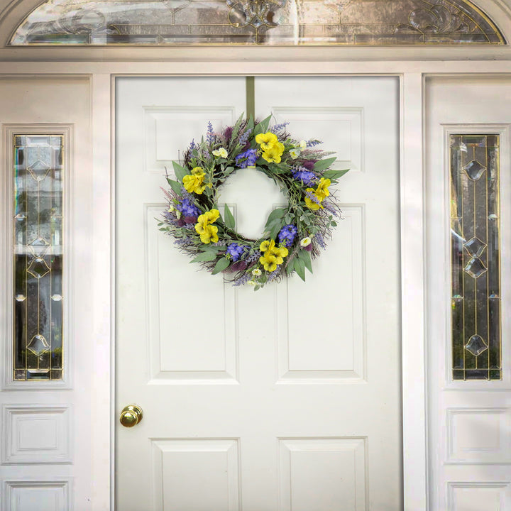 Artificial Wreath Decoration, Yellow, Woven Branch Base, Decorated with Pansy Blooms, Lavender, Assorted Blossoms, Flowing Green Stems, Spring Collection, 22 Inches