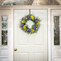 Artificial Wreath Decoration, Yellow, Woven Branch Base, Decorated with Pansy Blooms, Lavender, Assorted Blossoms, Flowing Green Stems, Spring Collection, 22 Inches - National Tree Company