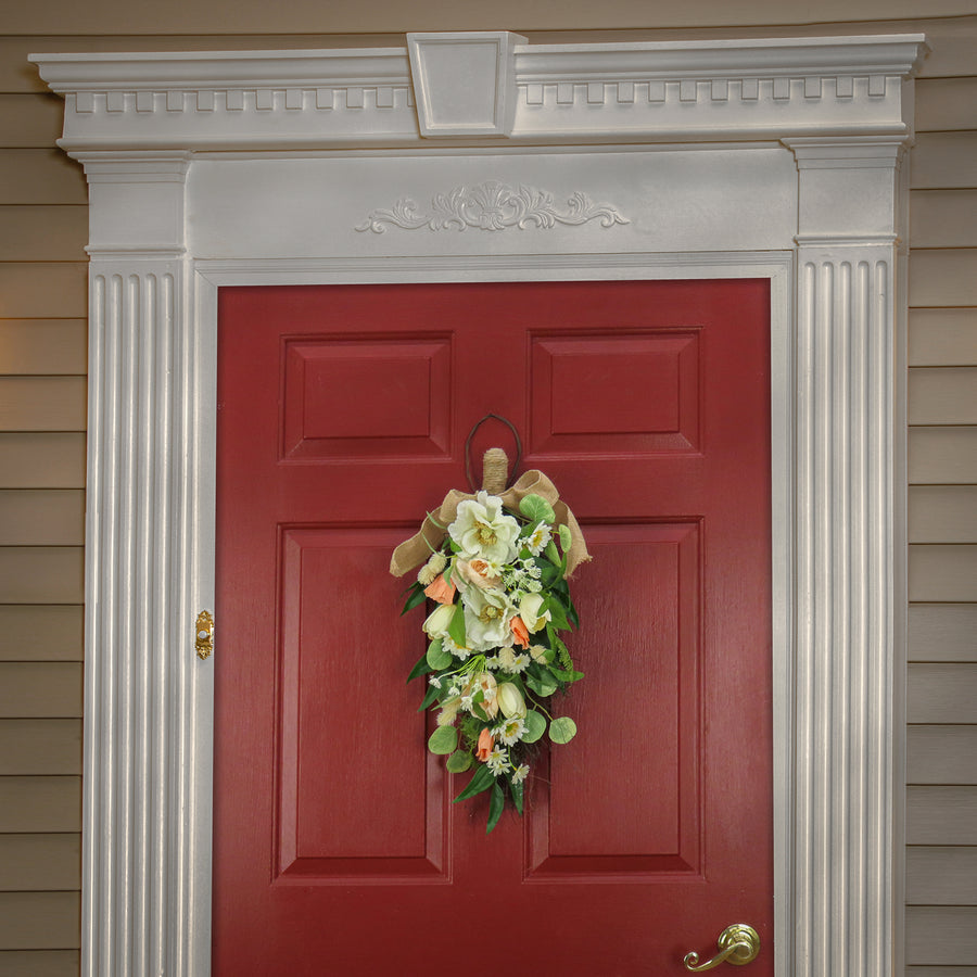 26 in. Spring Teardrop Wall Hanging Decoration with Tulip Blooms, Poppies, Buttercup Blossoms, Flowing Green Stems