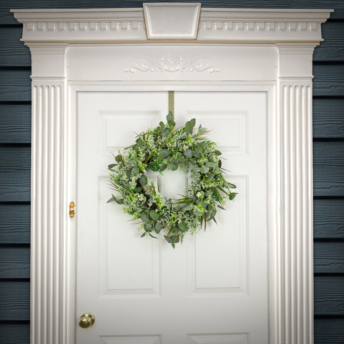 Artificial Wreath Decoration, Green, Woven Branch Base, Decorated with Eucalyptus Leaves, Flowing Green Stems, Spring Collection, 22 Inches - National Tree Company