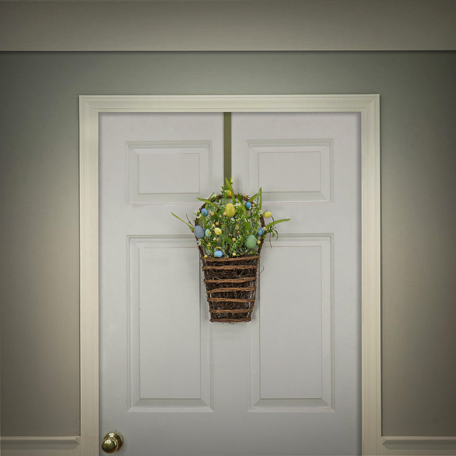 18 in. Easter Hanging Wall Basket Decorated with Pastel Eggs and Spring Flowers