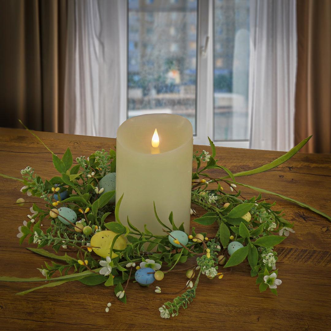 Artificial Candle Ring, Vine Stem Base, Decorated with Pastel Eggs, Leafy Greens, Berries, Spring Collection, 6 Inches