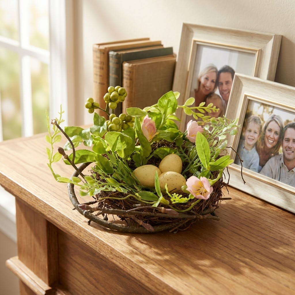 6 in. Blossom Bird's Nest Table Decoration Decorated with Easter Eggs - National Tree Company