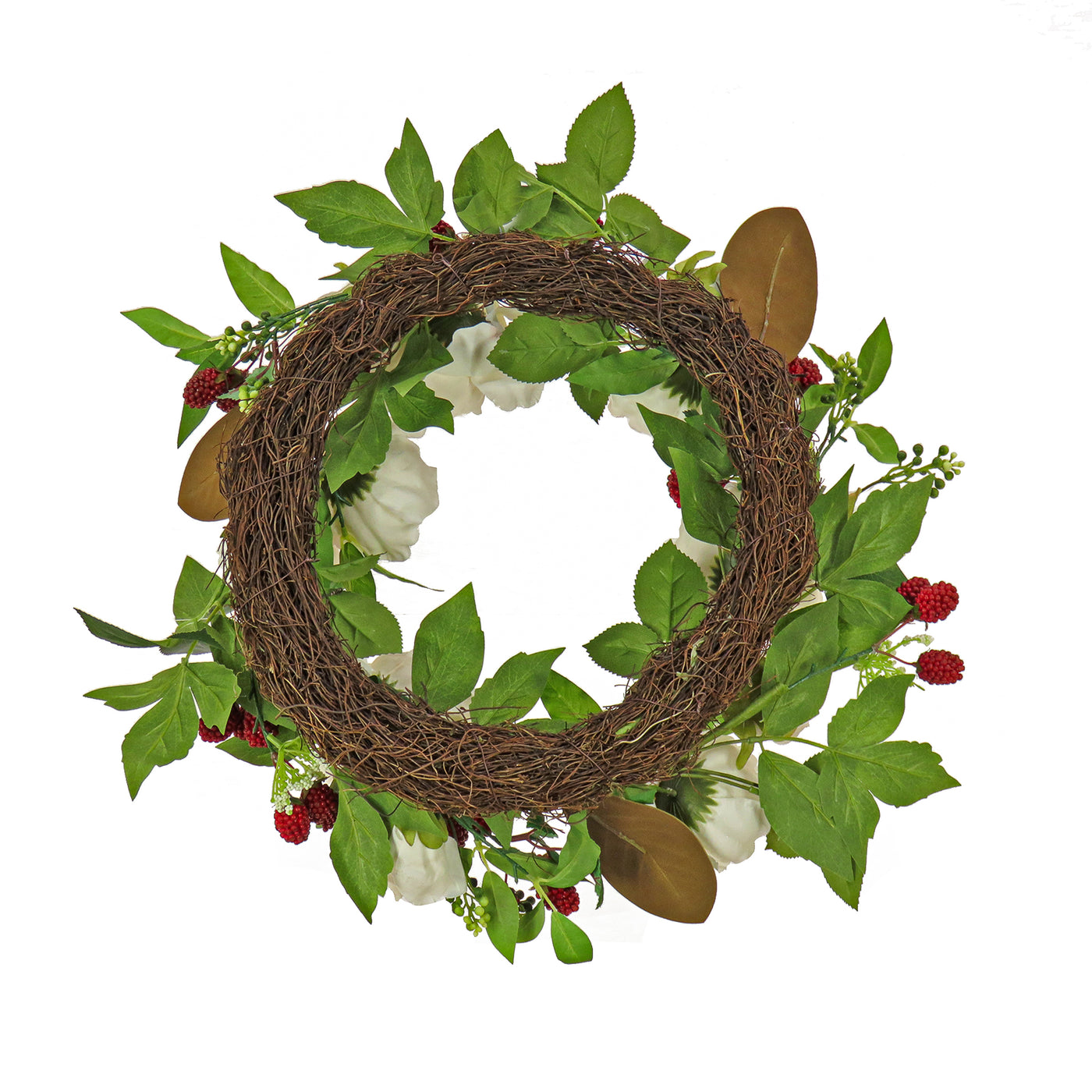 22 in. Spring Wreath with Peony Flowers, Raspberries, Leafy Greens - National Tree Company