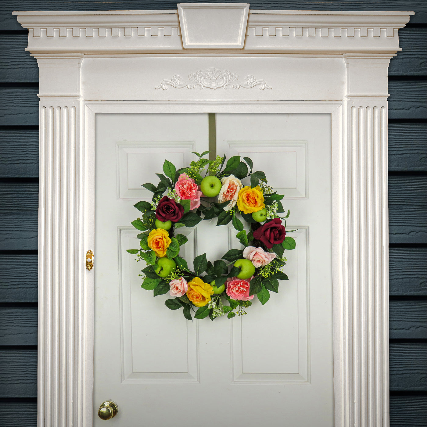 22 in. Spring Wreath with Rose and Peony Blooms, Apples, Leafy Greens - National Tree Company