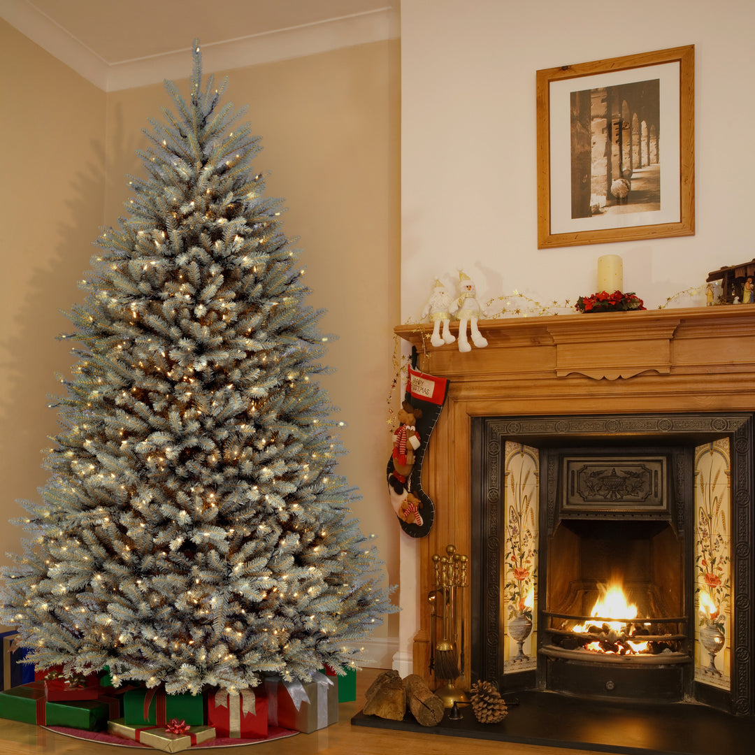 Pre-Lit Artificial Full Christmas Tree, Blue, Dunhill Fir, White Lights, Includes Stand, 7.5 Feet