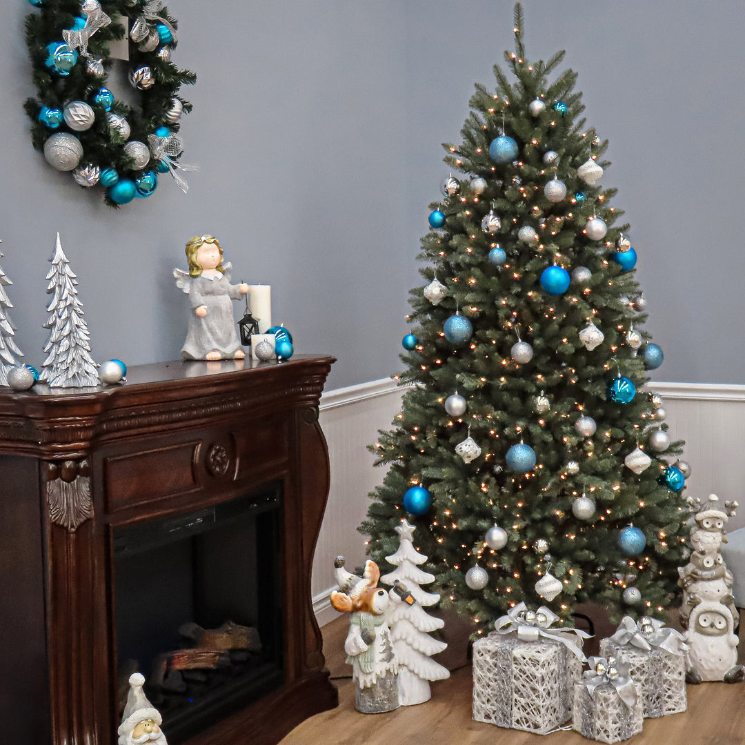 Pre-Lit Artificial Full Christmas Tree, Blue, Dunhill Fir, White Lights, Includes Stand, 7.5 Feet