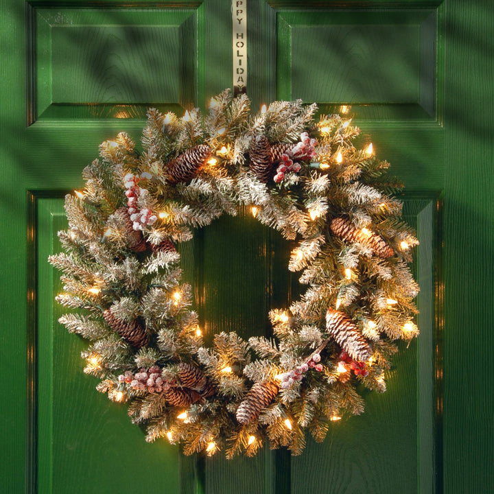 Pre-Lit Artificial Christmas Wreath, Green, Dunhill Fir, White Lights, Decorated with Pine Cones, Frosted Branches, Berry Clusters, Christmas Collection, 24 Inches