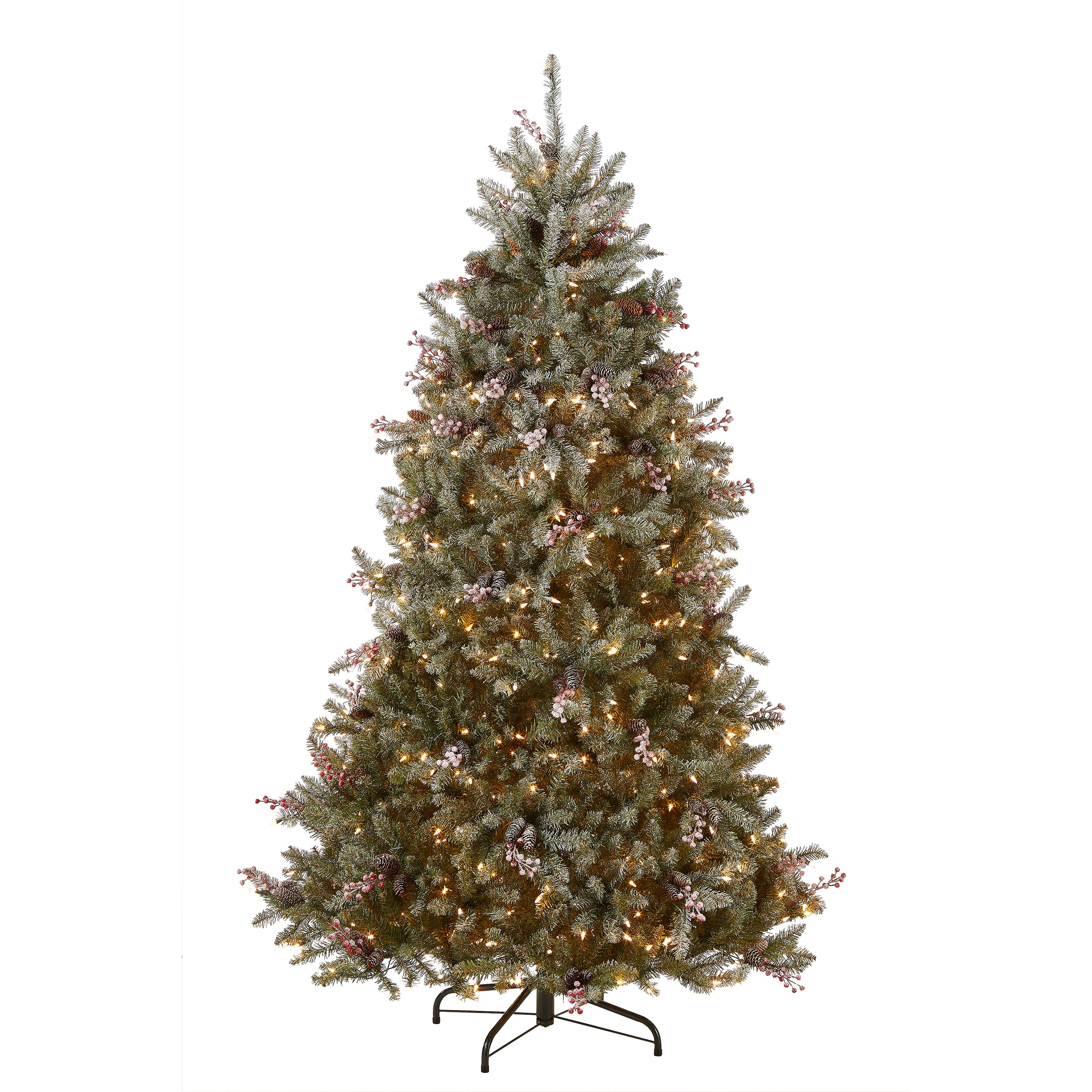 Pre-Lit Artificial Full Christmas Tree, Green, Dunhill Fir, White Lights,  Decorated with Pine Cones, Berry Clusters, Frosted Branches, Includes  Stand, 