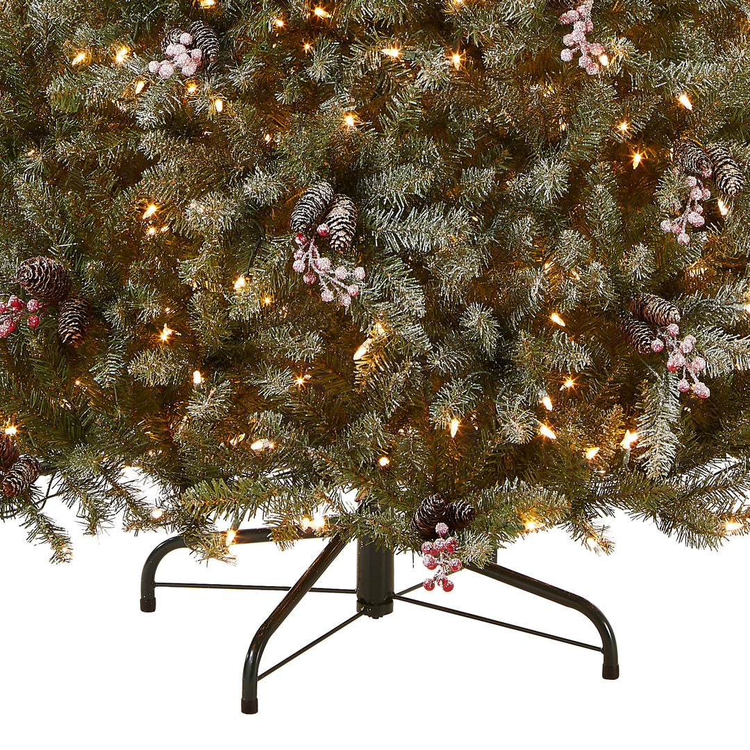 Pre-Lit Artificial Full Christmas Tree, Green, Dunhill Fir, White Lights, Decorated with Pine Cones, Berry Clusters, Frosted Branches, Includes Stand, 7 Feet