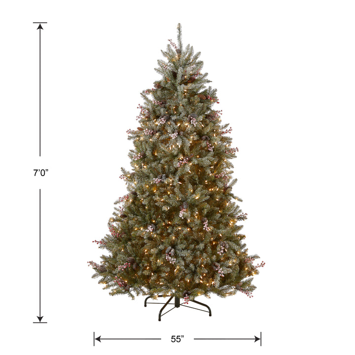 Pre-Lit Artificial Full Christmas Tree, Green, Dunhill Fir, White Lights, Decorated with Pine Cones, Berry Clusters, Frosted Branches, Includes Stand, 7 Feet