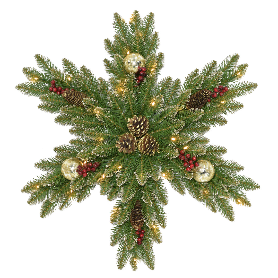 Pre-Lit Artificial Christmas Hanging Snowflake, Green, Dunhill Fir, Decorated with Pine Cones, Berry Clusters, Frosted Branches, Christmas Collection, 32 Inches