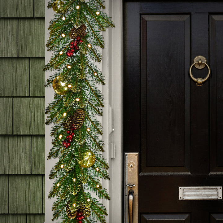 National Tree Company Pre-Lit Artificial Christmas Garland, Green, Dunhill Fir, Decorated With Pine Cones, Frosted Branches, Berry Clusters, Battery Operated, Christmas Collection, 9 Feet