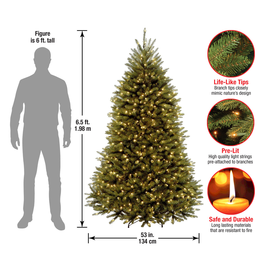 Pre-Lit Artificial Full Christmas Tree, Green, Dunhill Fir, Clear Lights, Includes PowerConnect and Stand, 6.5 Feet