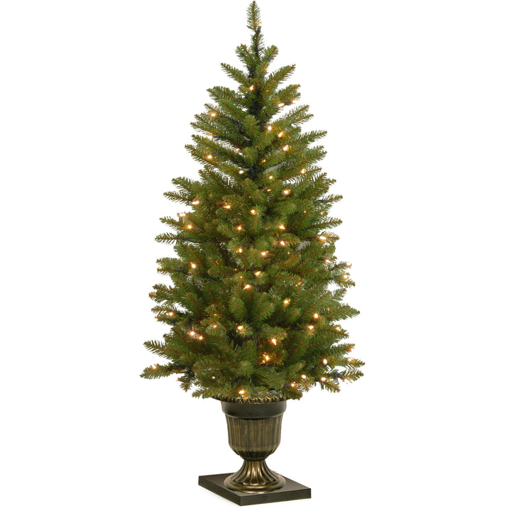Pre-Lit Artificial Entrance Christmas Tree, Green, Dunhill Fir, White Lights, Includes Decorative Urn Base, 4 Feet