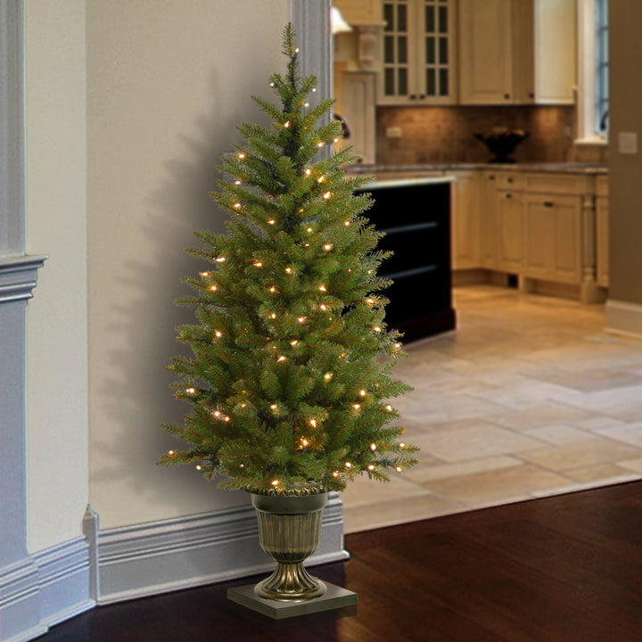 Pre-Lit Artificial Entrance Christmas Tree, Green, Dunhill Fir, White Lights, Includes Decorative Urn Base, 4 Feet
