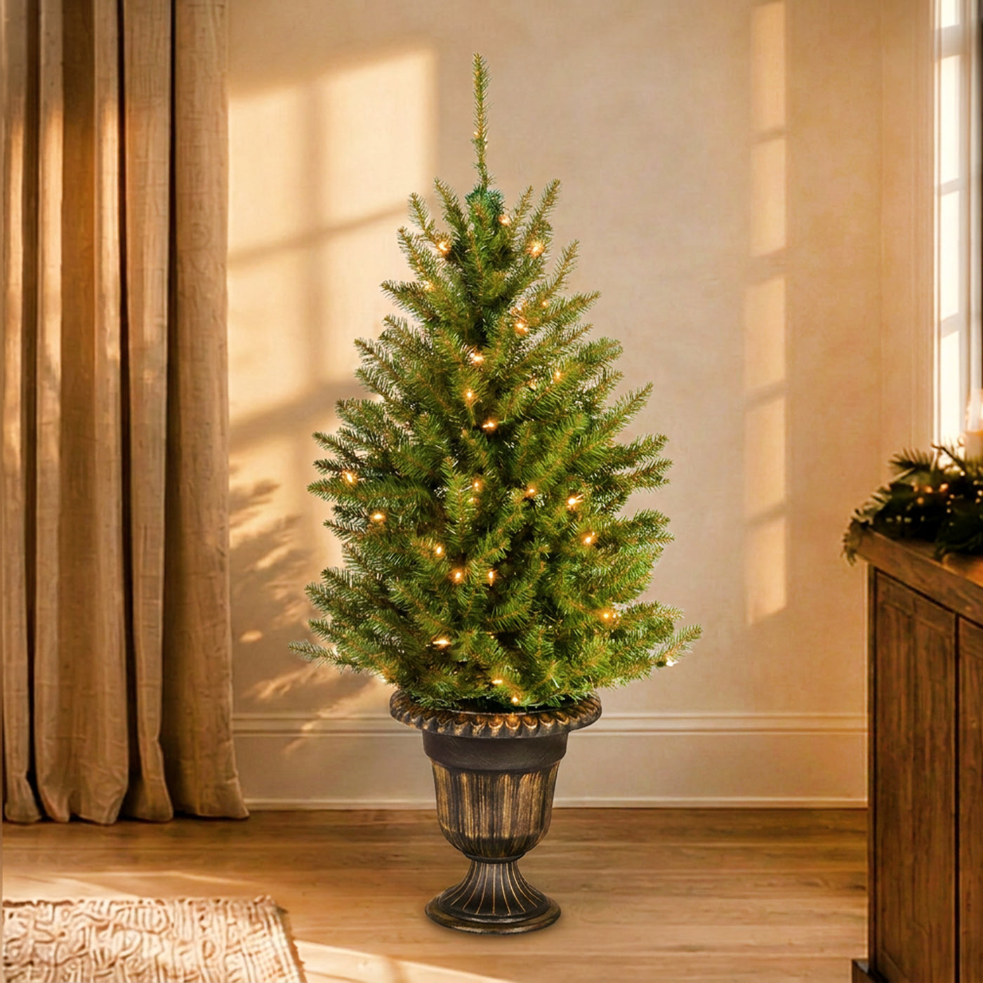 4 ft. Pre-Lit Dunhill Fir Entrance Tree  in Dark Bronze Pot with Clear Lights, Plug-In - National Tree Company