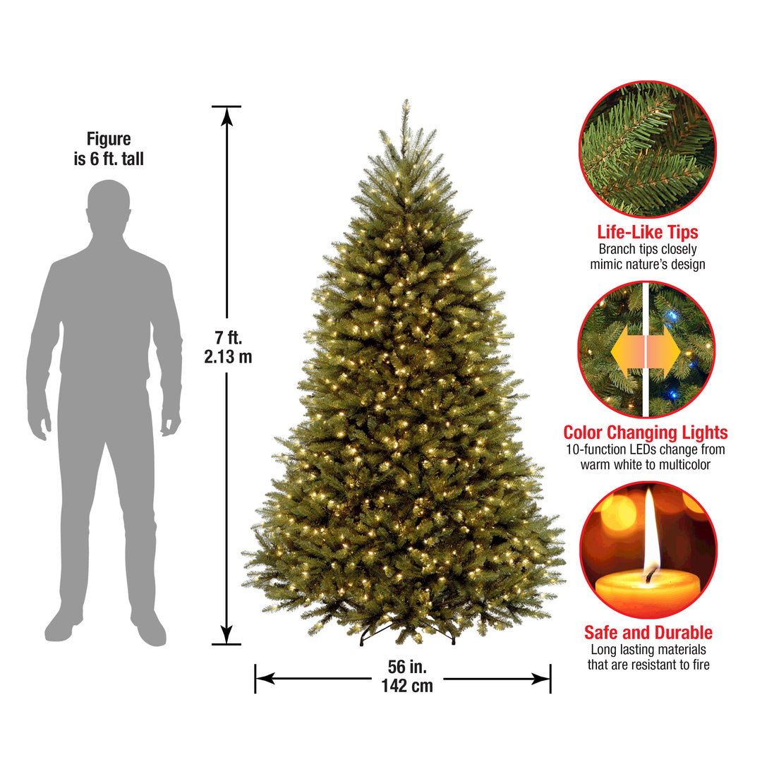 Pre-Lit Artificial Full Christmas Tree, Green, Dunhill Fir, Dual Color LED Lights, Includes PowerConnect and Stand, 7 Feet