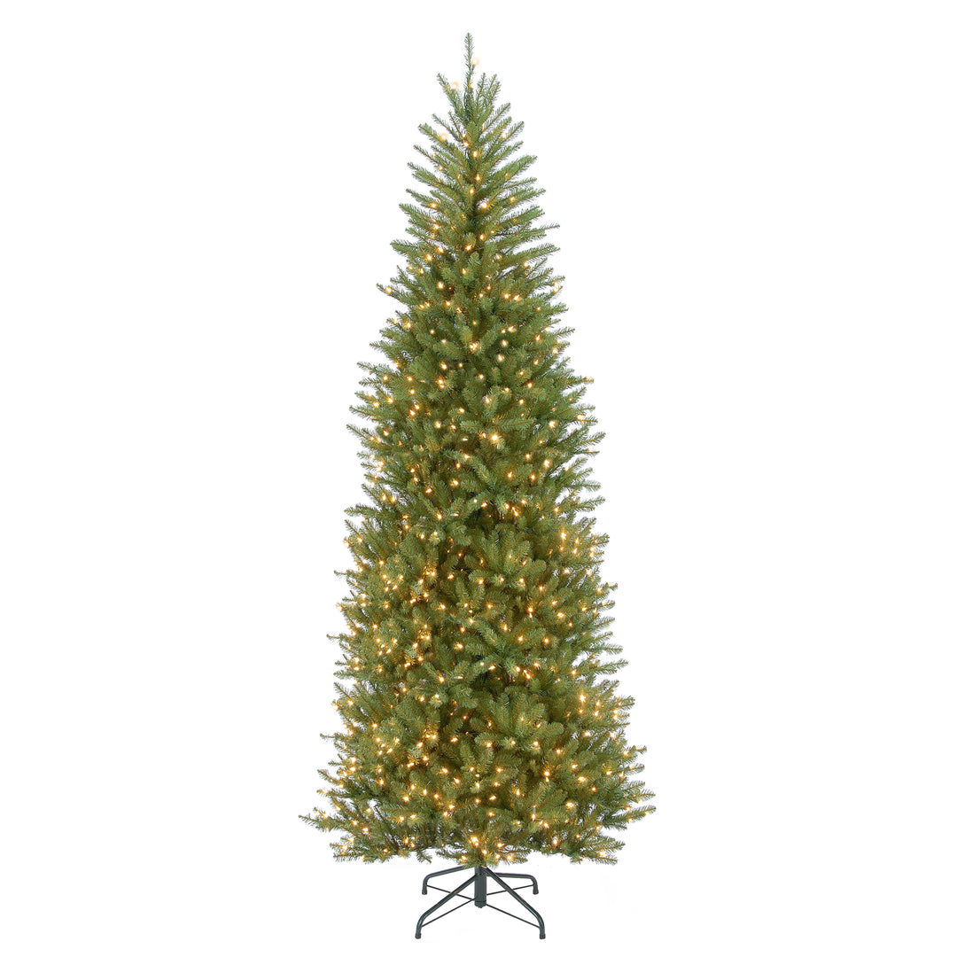 Pre-Lit Artificial Slim Christmas Tree, Green, Dunhill Fir, White Lights, Includes Stand, 10 Feet