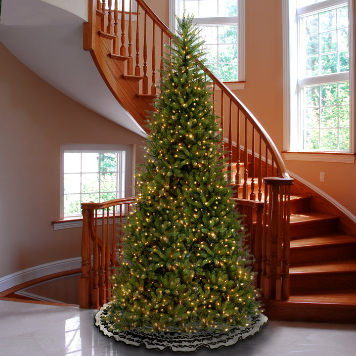 Pre-Lit Artificial Slim Christmas Tree, Green, Dunhill Fir, White Lights, Includes Stand, 10 Feet