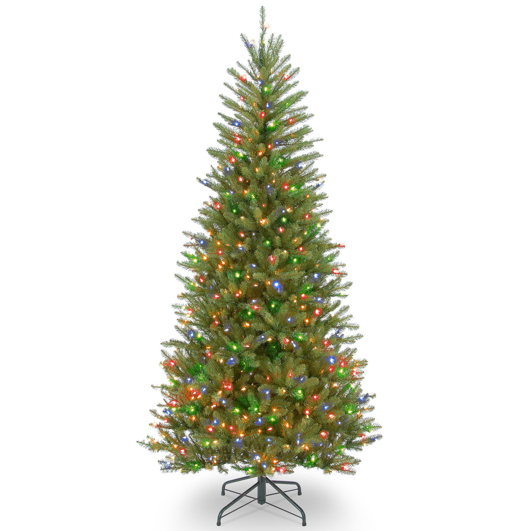 Pre-Lit Artificial Slim Christmas Tree, Green, Dunhill Fir, Multicolor Lights, Includes Stand, 6.5 Feet
