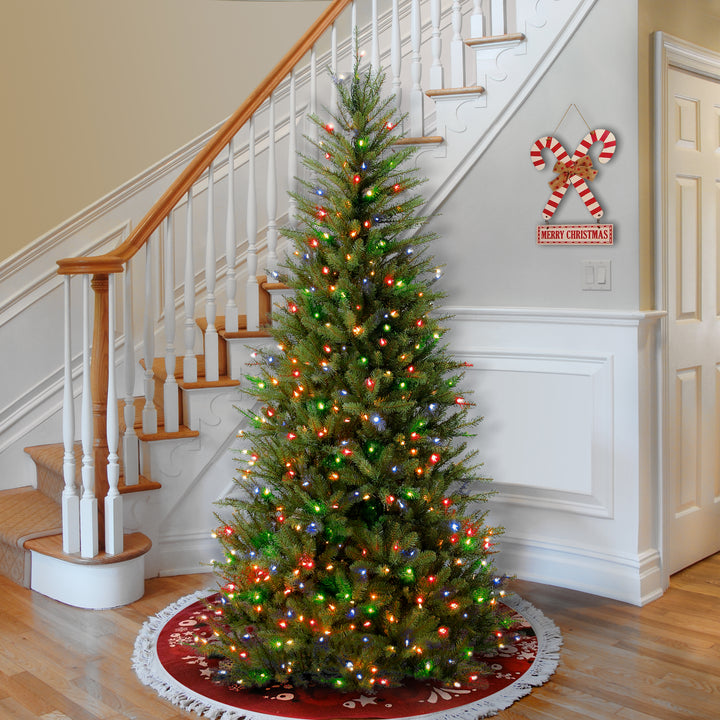 Pre-Lit Artificial Slim Christmas Tree, Green, Dunhill Fir, Multicolor Lights, Includes Stand, 7.5 Feet
