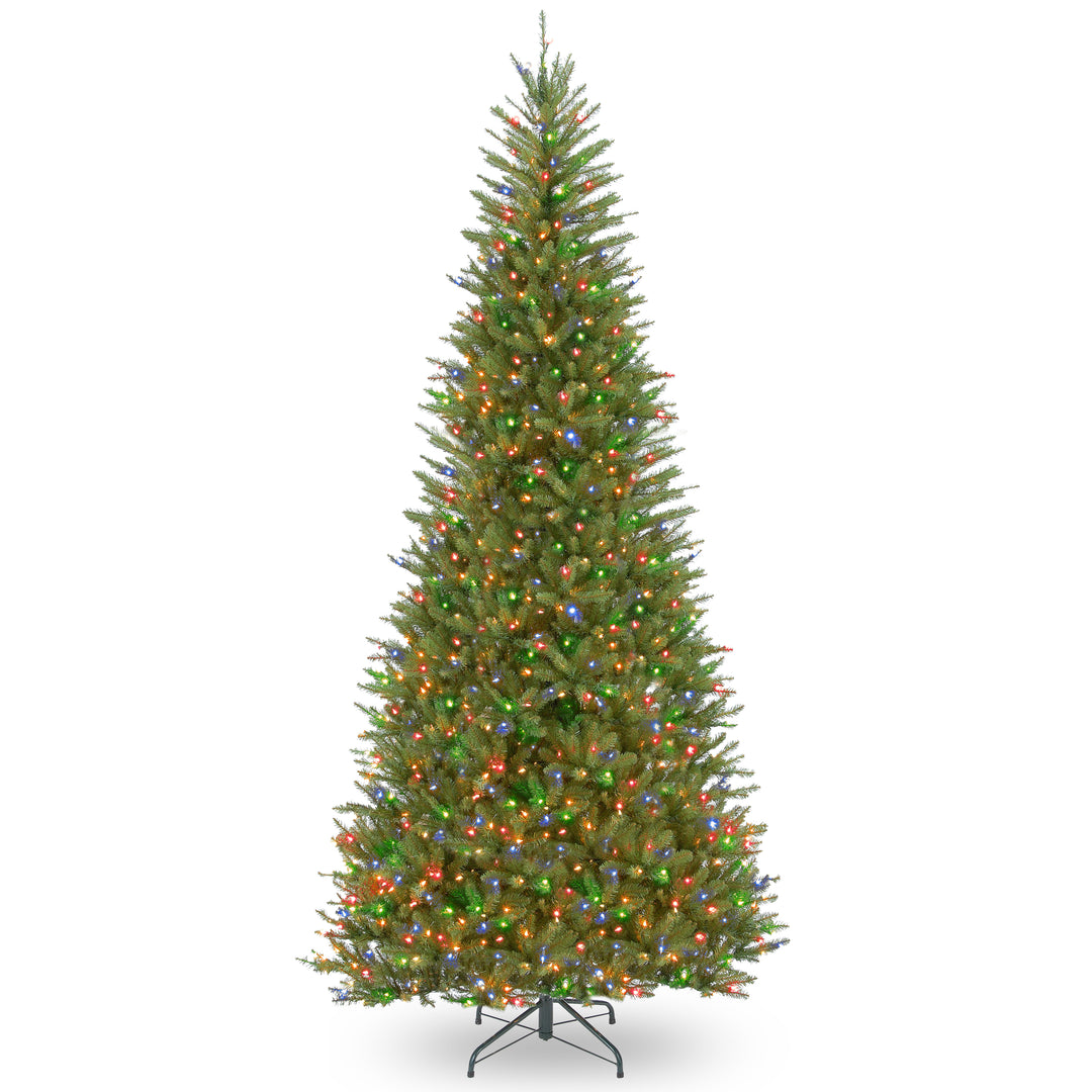 Pre-Lit Artificial Slim Christmas Tree, Green, Dunhill Fir, Multicolor Lights, Includes Stand, 9 Feet