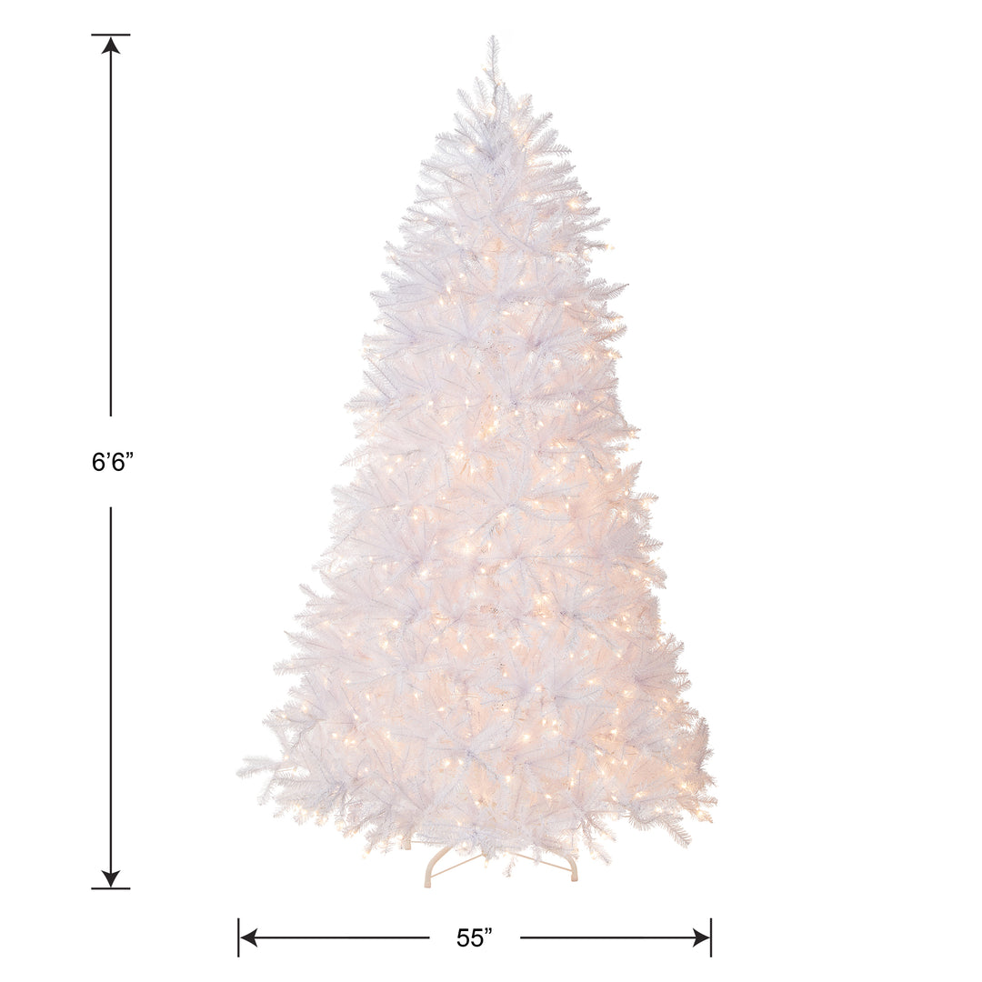 Pre-Lit Artificial Full Christmas Tree, White, Dunhill Fir, White Lights, Includes Stand, 6.5 Feet