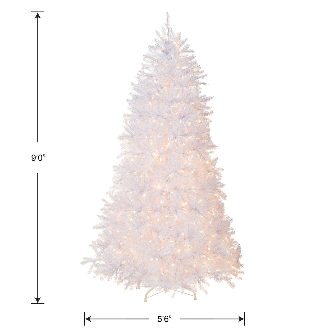 Pre-Lit Artificial Full Christmas Tree, White, Dunhill Fir, White Lights, Includes Stand, 9 Feet