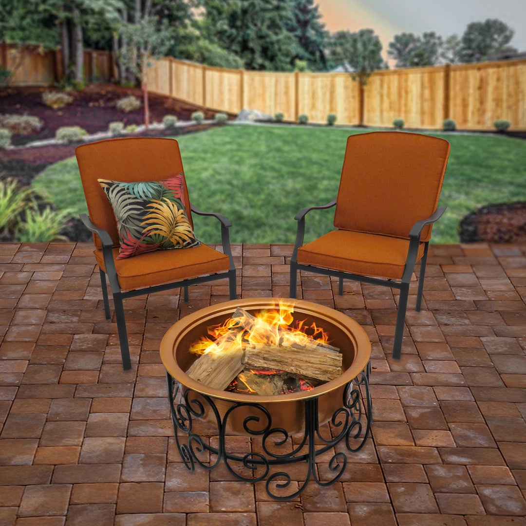 National Outdoor Living Fire Pit, Steel, Copper Finish, Includes Ornate Black Stand, Screen Cover, Fire Poker, 30 Inches