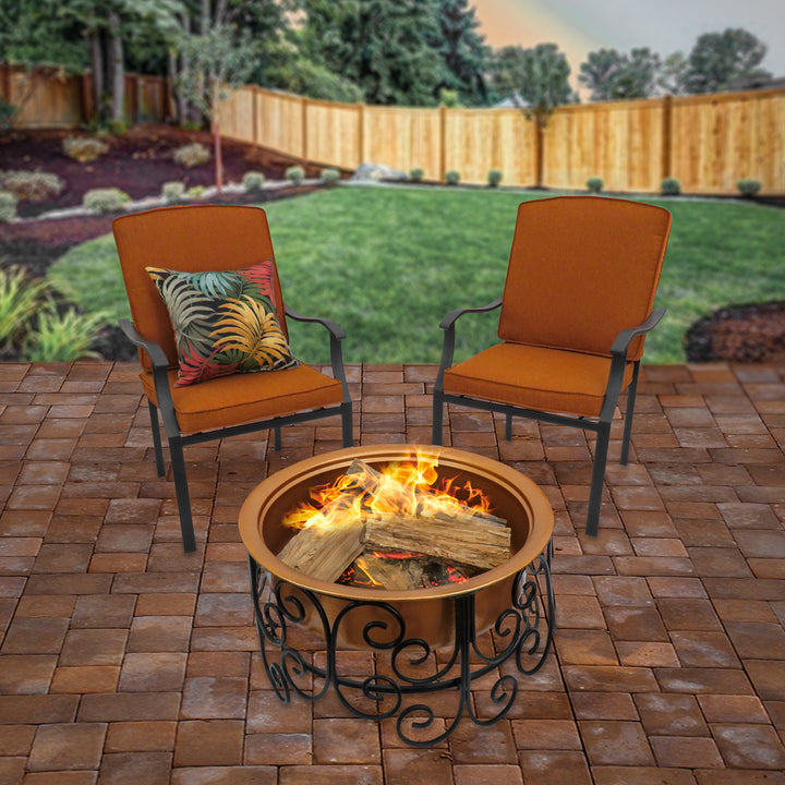 National Outdoor Living Fire Pit, Steel, Copper Finish, Includes Ornate Black Stand, Screen Cover, Fire Poker, 30 Inches