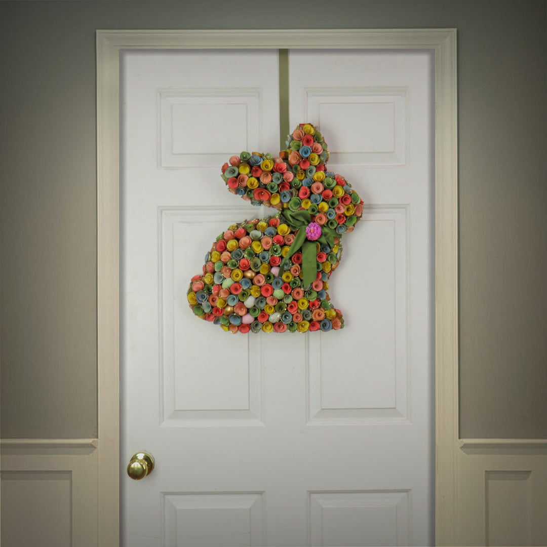 Artificial Hanging Bunny Silhouette, Decorated with Colorful Flower Blooms, Ribbon, Easter Collection, 18 Inches
