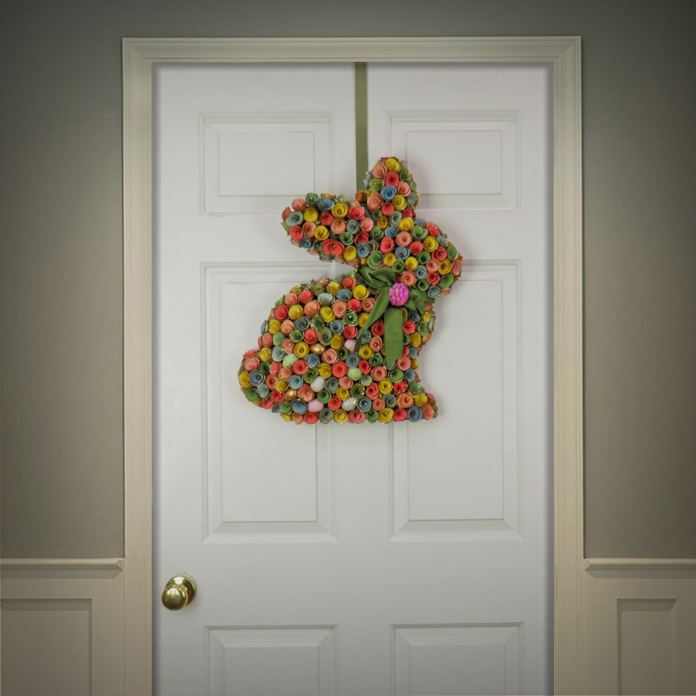 Artificial Hanging Bunny Silhouette, Decorated with Colorful Flower Blooms, Ribbon, Easter Collection, 18 Inches - National Tree Company