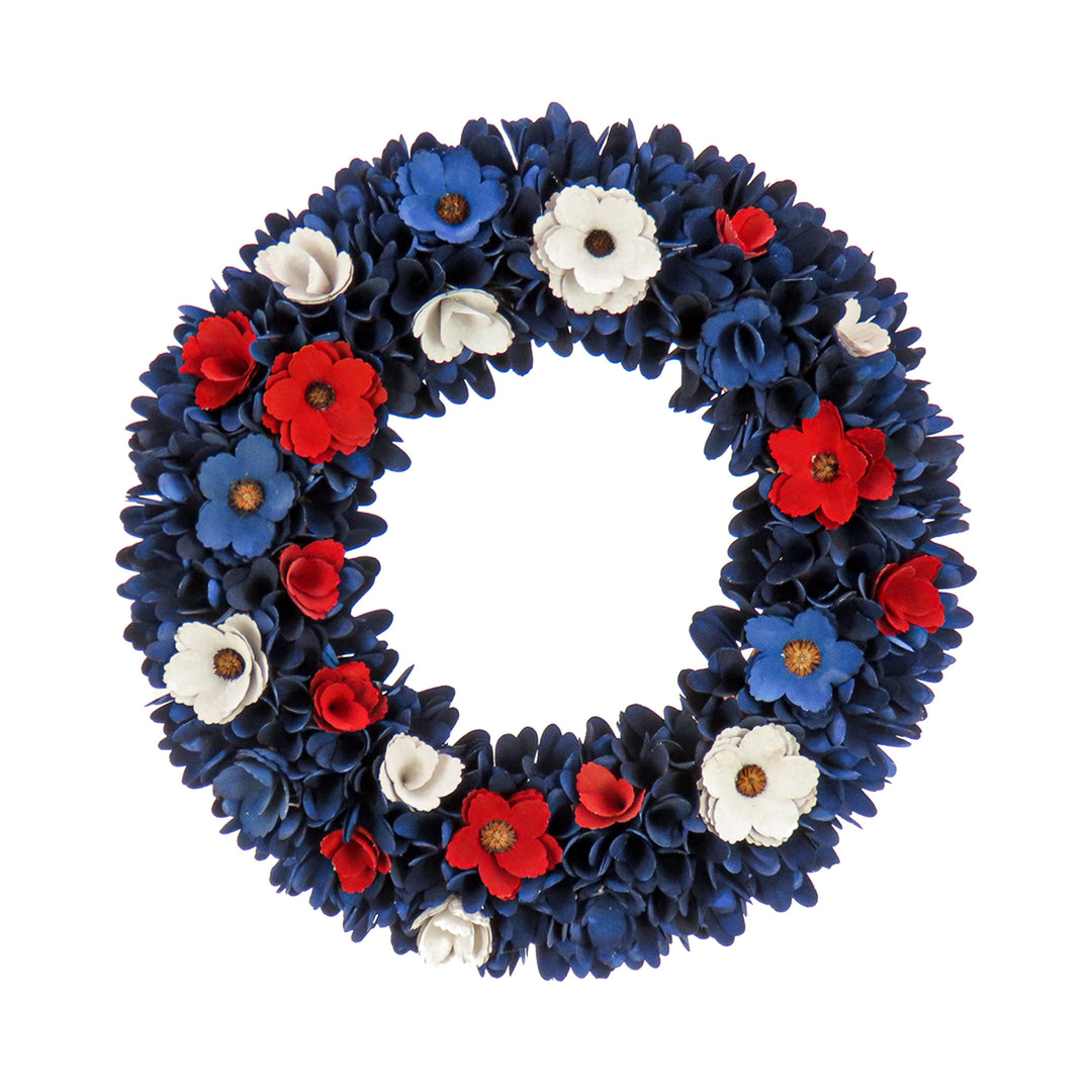 Artificial Patriotic Wreath Decoration, Blue, Decorated with Red, White and Blue Flower Blooms, Blue Petals, Fourth of July Collection, 20 Inches