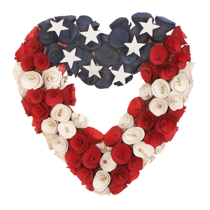 Artificial Patriotic Hanging Heart Wreath, Wooden Base, Decorated with Red, White and Blue Flowers, 4th of July Collection, 15 Inches