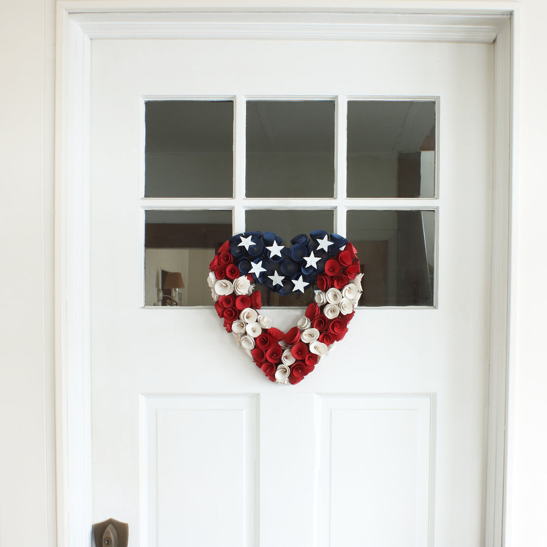 Artificial Patriotic Hanging Heart Wreath, Wooden Base, Decorated with Red, White and Blue Flowers, 4th of July Collection, 15 Inches