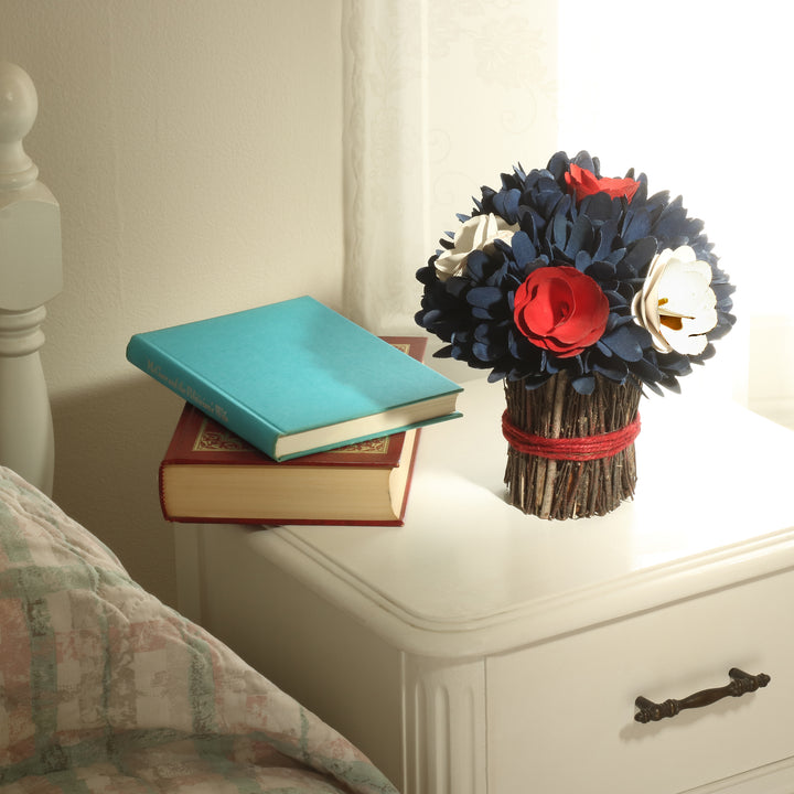 Artificial Patriotic Floral Bundle Blue Decorated with Red and White Flower Blooms Blue Petals Includes Twig Branch Base Fourth of July Collection 9 Inches