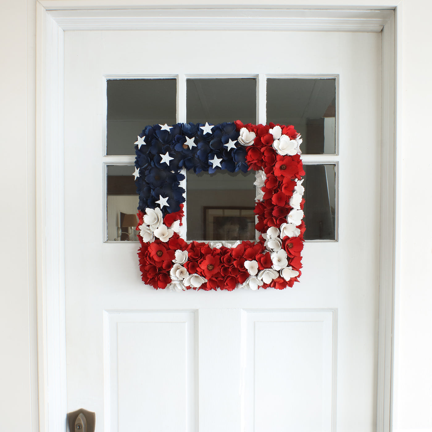 Artificial Patriotic Hanging Square Wreath Wooden Base Decorated with Red White and Blue Flowers Stars 4th of July Collection 22 Inches - National Tree Company