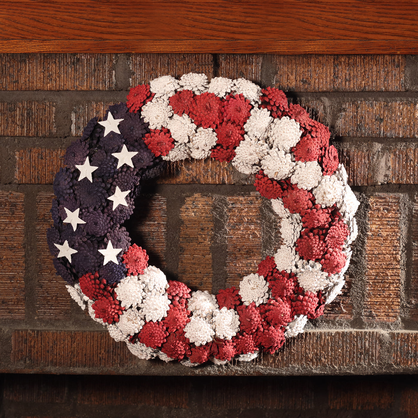 8 in. Patriotic Wreath with Red White and Blue Pine Cones White Stars - National Tree Company