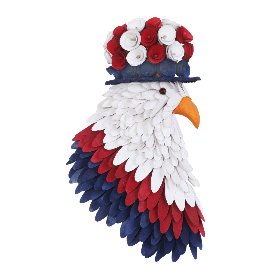 Artificial Patriotic Hanging Eagle Decoration Foam Base Decorated with Red White and Blue Wood Cuts and Flower Blooms 4th of July Collection 14 Inches