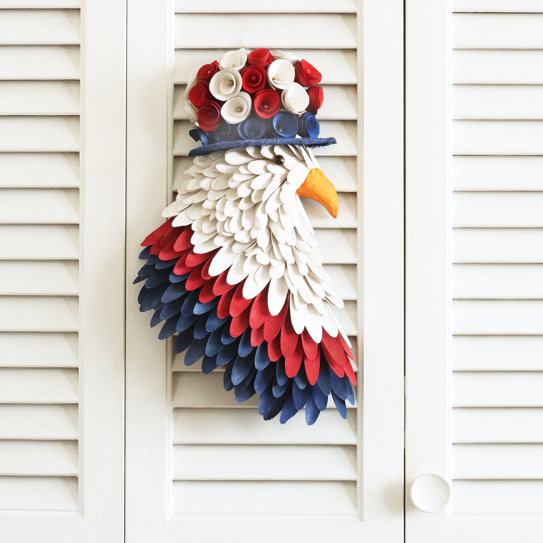 Artificial Patriotic Hanging Eagle Decoration Foam Base Decorated with Red White and Blue Wood Cuts and Flower Blooms 4th of July Collection 14 Inches
