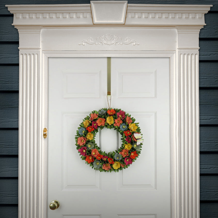 20 in. Spring Wreath with Colorful Assorted Wood Cut Flowers, Flowing Green Leaves