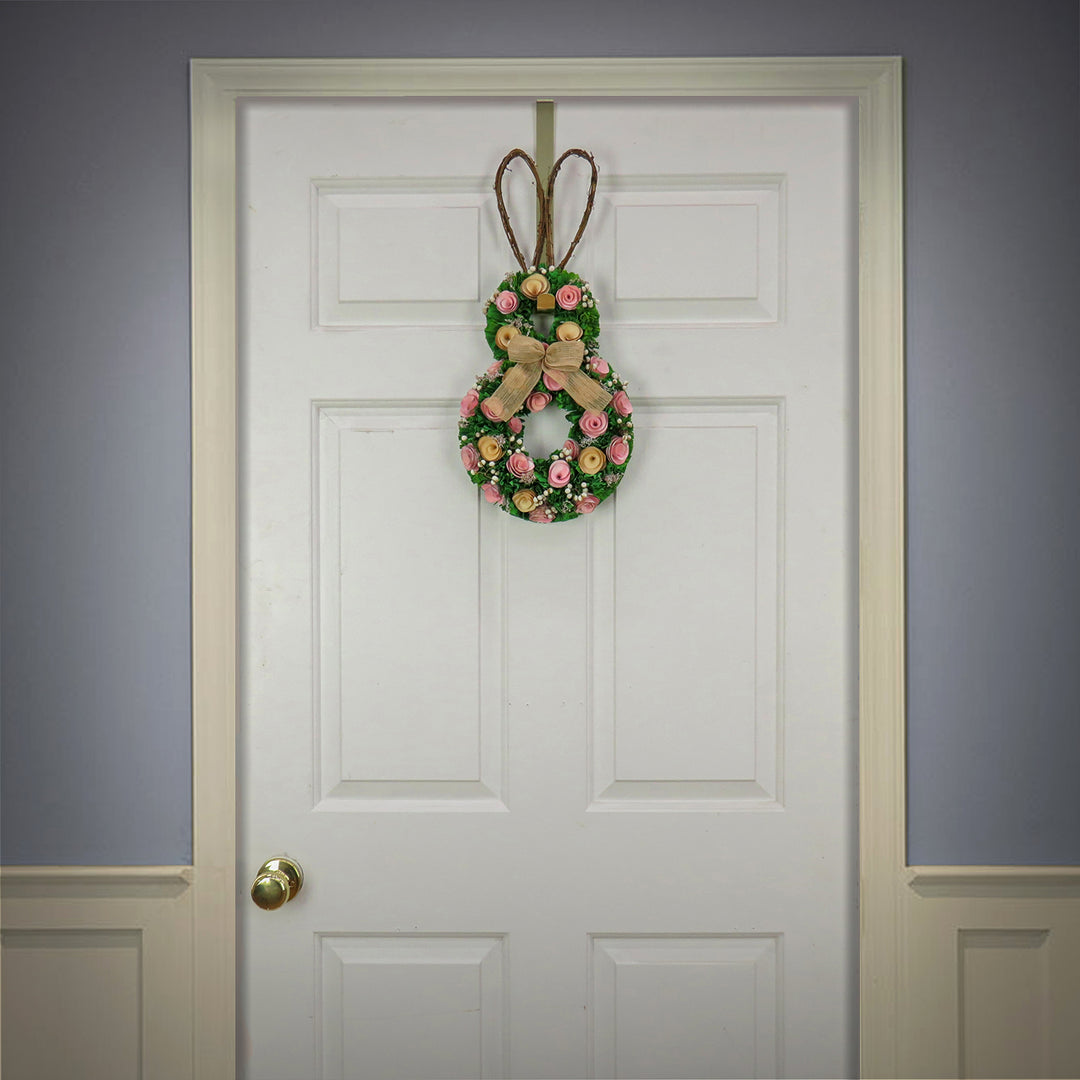 Artificial Hanging Bunny Silhouette, Decorated with Green, Pink and Yellow Flowers, Leafy Greens, Includes Wicker Ears, Easter Collection, 20 Inches