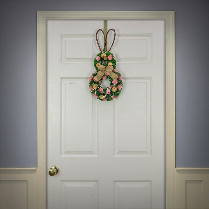 Artificial Hanging Bunny Silhouette, Decorated with Green, Pink and Yellow Flowers, Leafy Greens, Includes Wicker Ears, Easter Collection, 20 Inches