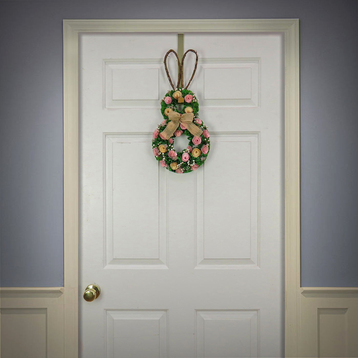 Artificial Hanging Bunny Silhouette, Decorated with Green, Pink and Yellow Flowers, Leafy Greens, Includes Wicker Ears, Easter Collection, 20 Inches - National Tree Company