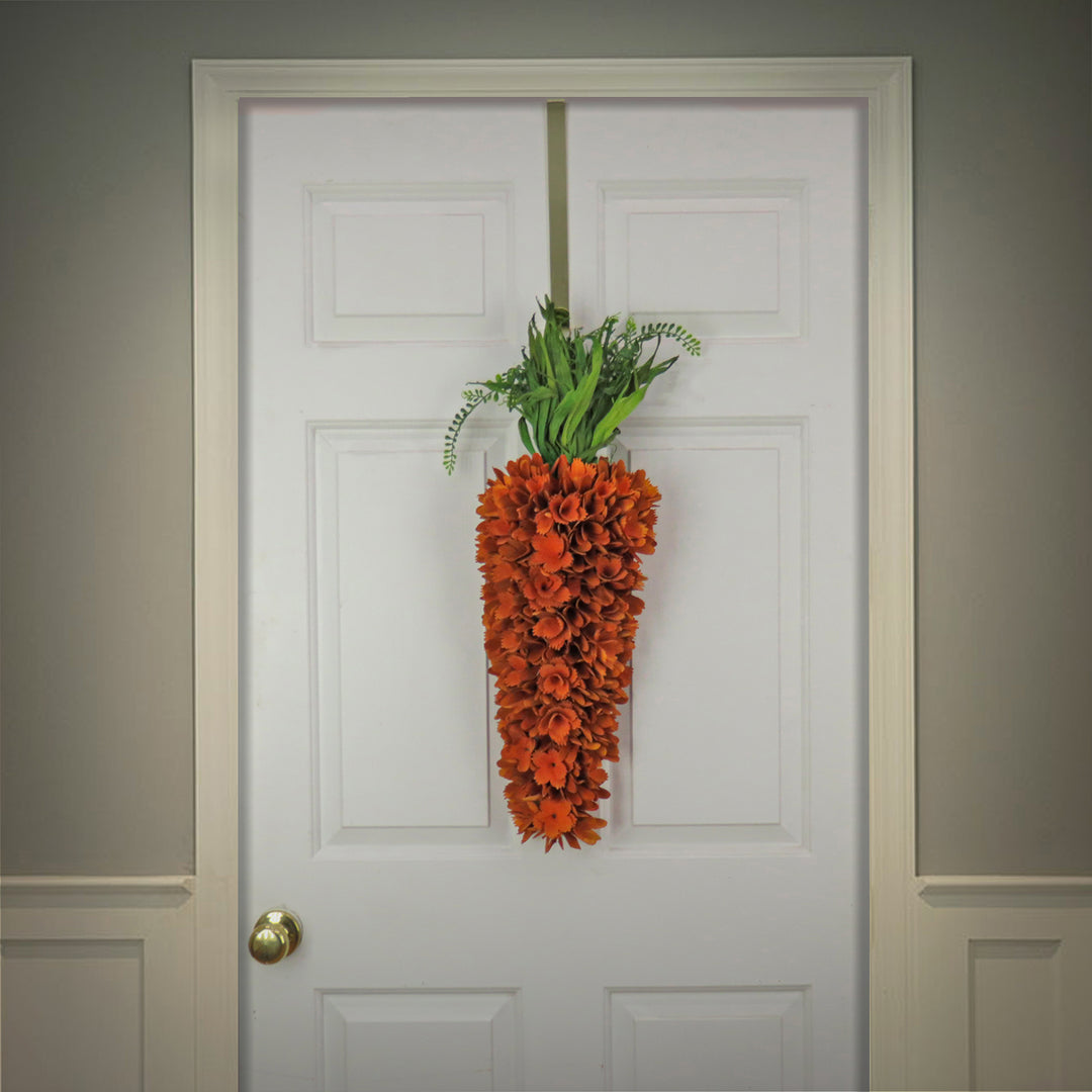 Artificial Hanging Carrot Decoration, Decorated with Orange Flower Blooms, Leafy Greens, Includes Hanging Loop, Easter Collection, 28 Inches