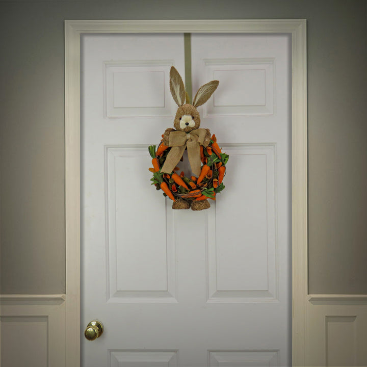 Artificial Hanging Wreath, Foam Ring Base, Decorated with Bunny, Carrots, Vines, Leafy Greens, Easter Collection, 20 Inches