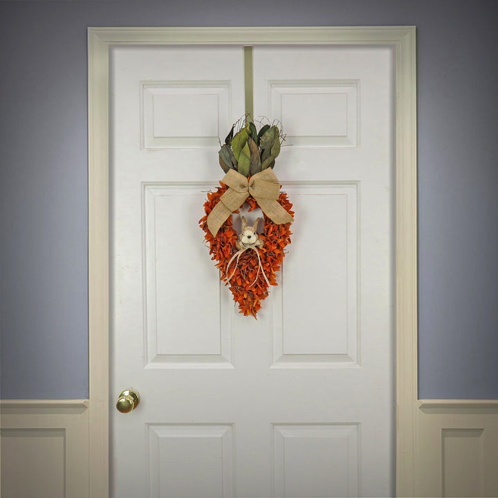 Artificial Hanging Carrot Decoration, Decorated with Orange Flower Blooms, Bunny, Leafy Greens, Includes Hanging Loop, Easter Collection, 24 Inches